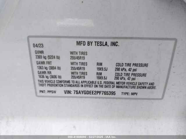7SAYGDEE2PF765395 Tesla Model Y Awd/long Range Dual Motor All-wheel Drive
