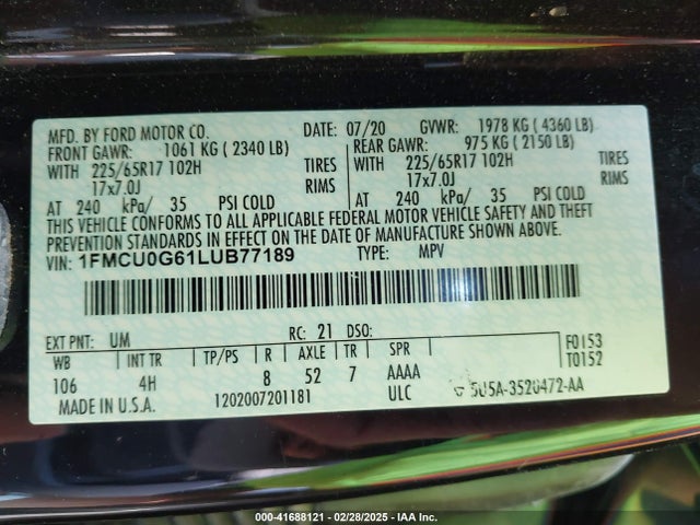 1FMCU0G61LUB77189 Ford ESCAPE SE