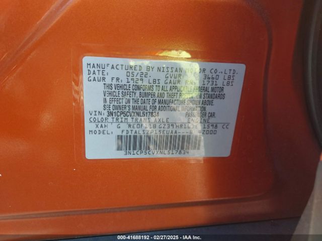3N1CP5CVXNL517834 Nissan Kicks Sv Xtronic Cvt