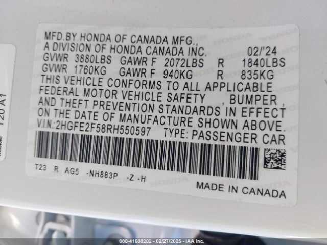 2HGFE2F58RH550597 Honda Civic Sport