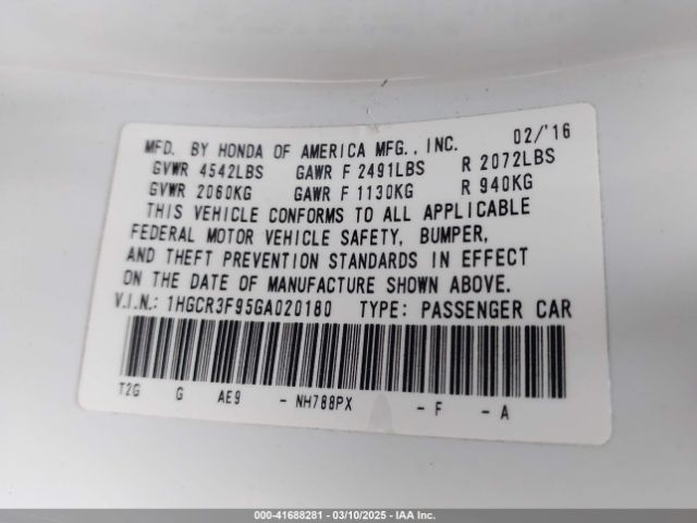 1HGCR3F95GA020180 Honda Accord Touring