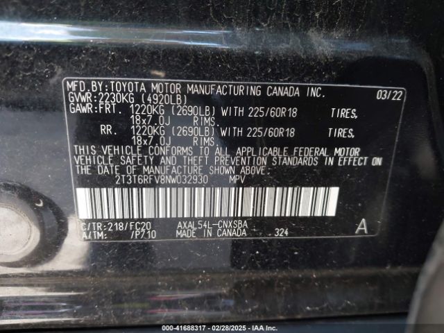 2T3T6RFV8NW032930 Toyota Rav4 Hybrid Se