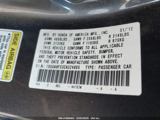 2012 ACURA TL 19UUA8F50CA024895 Photo 8