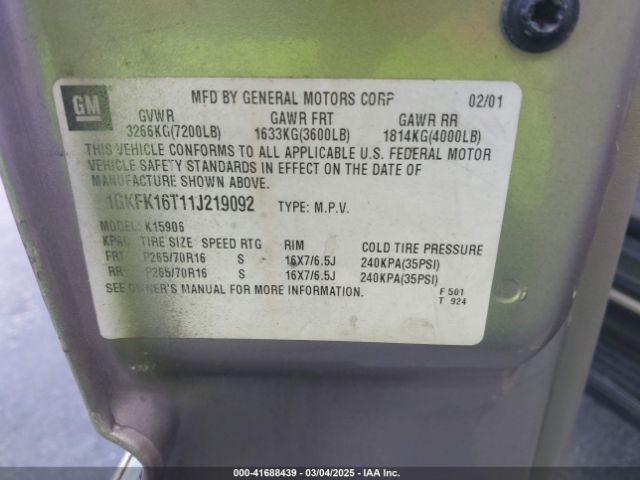 2001 GMC YUKON XL 1500 1GKFK16T11J219092 Photo 8