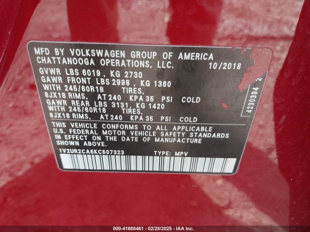 1V2UR2CA5KC507323 Volkswagen Atlas 3.6l V6 Se W/technology