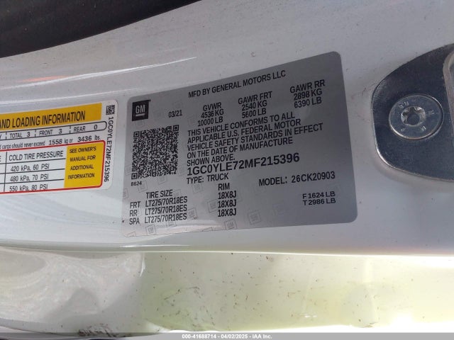 1GC0YLE72MF215396 Chevrolet Silverado 2500hd 4wd  Long Bed Wt