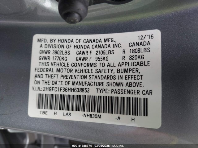 2HGFC1F36HH638853 Honda Civic Ex-t