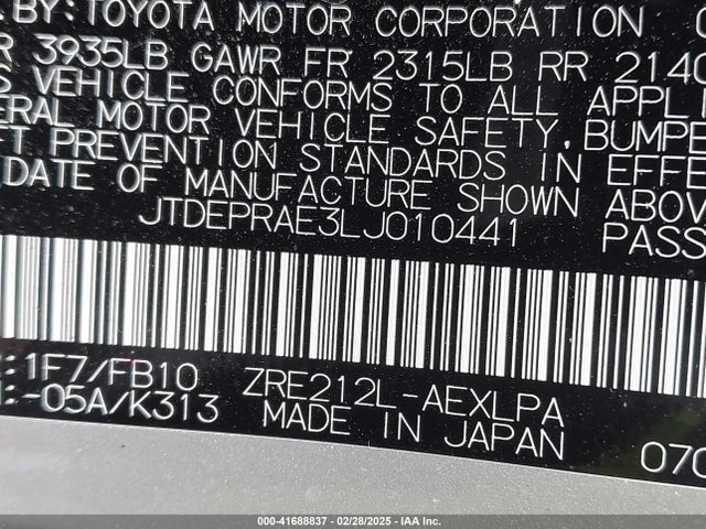 JTDEPRAE3LJ010441 Toyota COROLLA LE