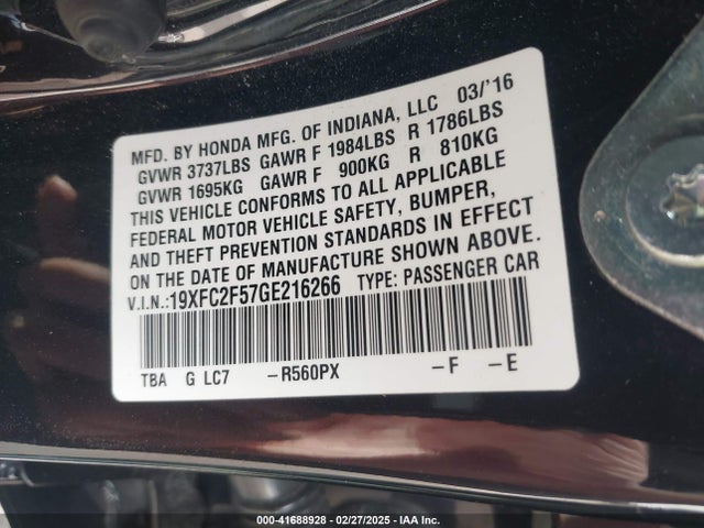 Honda Civic Lx 2016 19XFC2F57GE216266 Image 9
