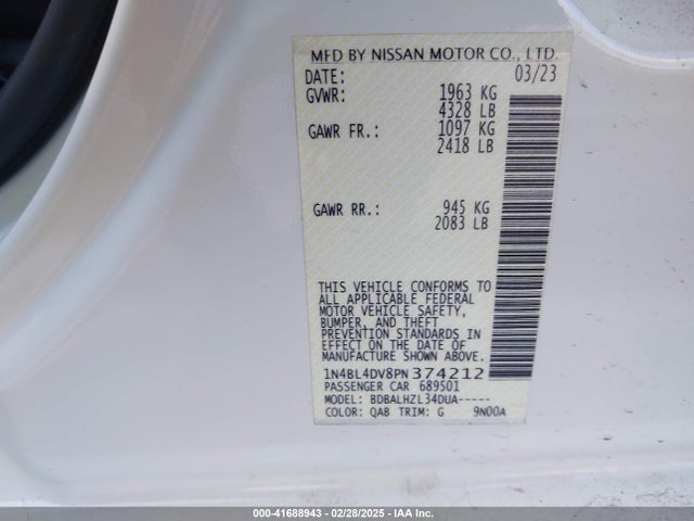 1N4BL4DV8PN374212 Nissan Altima Sv Fwd