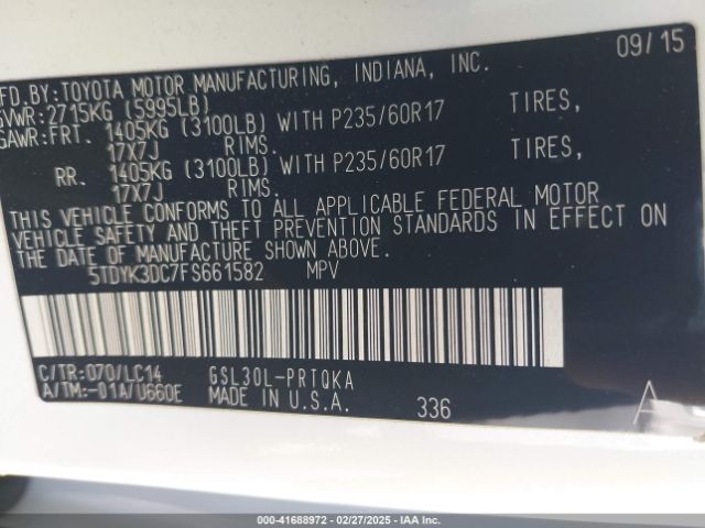 5TDYK3DC7FS661582 Toyota Sienna Xle/limited