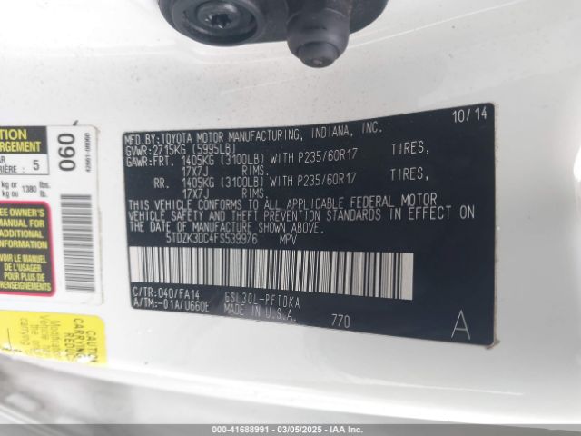 5TDZK3DC4FS539976 Toyota Sienna L 7 Passenger