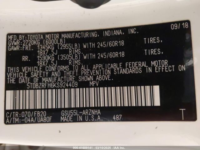 2019 TOYOTA HIGHLANDER 5TDBZRFH6KS924409 Photo 8