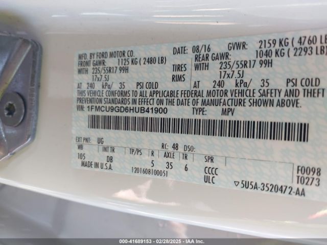 1FMCU9GD6HUB41900 Ford ESCAPE SE
