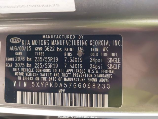 5XYPKDA57GG098233 KIA Sorento 3.3l Sxl