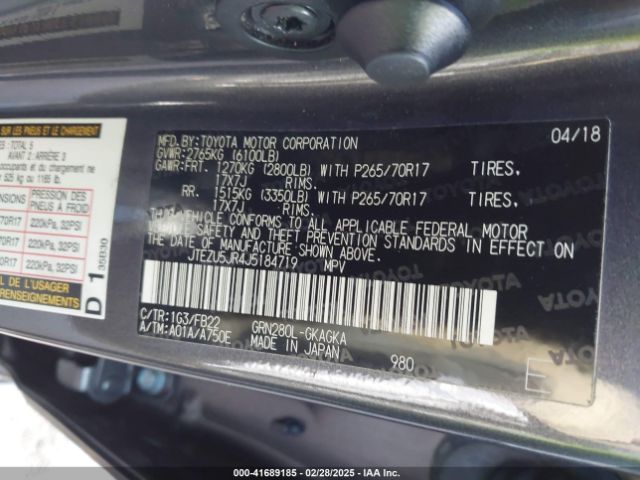 JTEZU5JR4J5184719 Toyota 4runner Limited/sr5/sr5 Premium