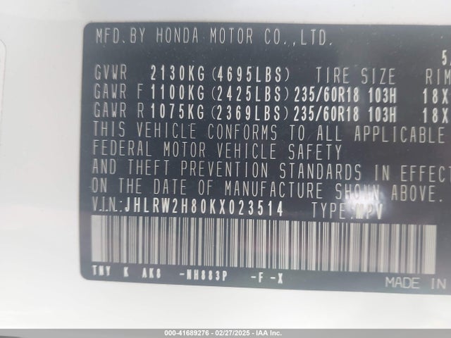 JHLRW2H80KX023514 Honda Cr-v Ex-l