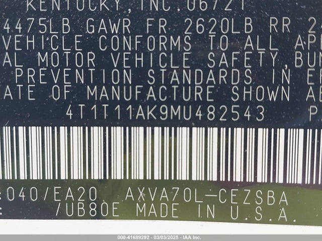 4T1T11AK9MU482543 Toyota CAMRY SE