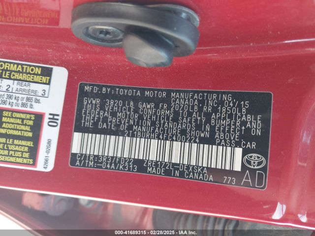 2T1BURHE4FC400224 Toyota Corolla S Plus