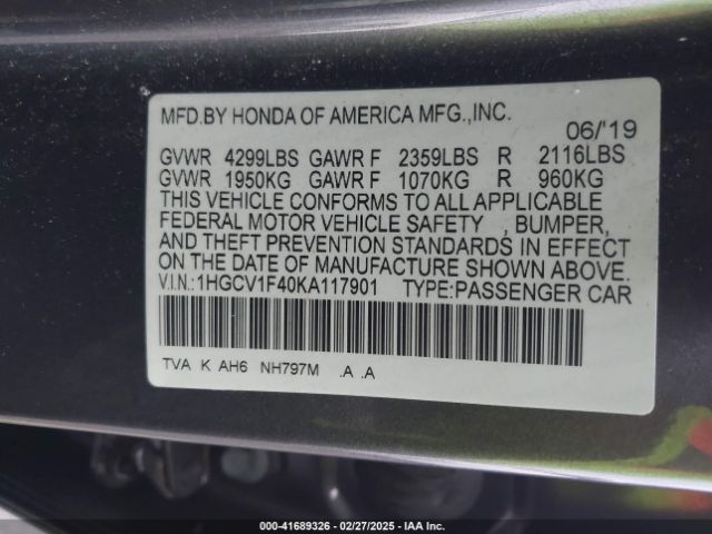1HGCV1F40KA117901 Honda ACCORD EX