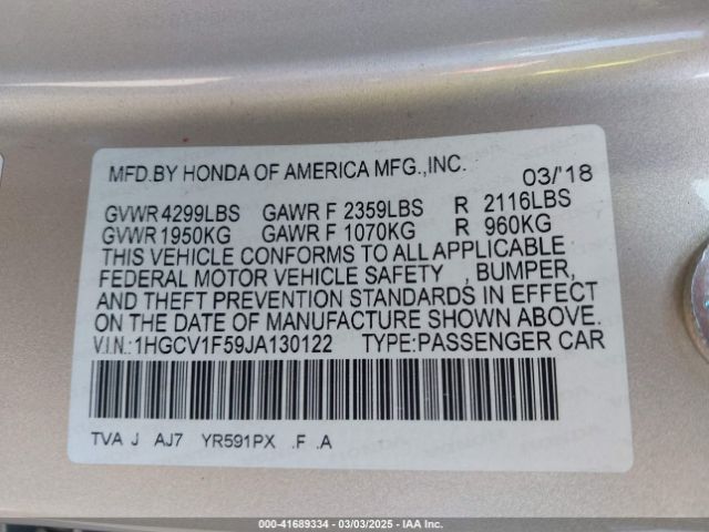 1HGCV1F59JA130122 Honda Accord Ex-l