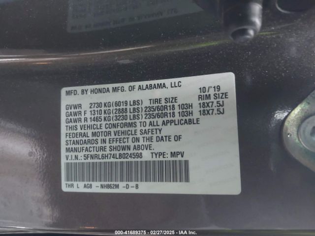 5FNRL6H74LB024598 Honda Odyssey Ex-l/ex-l W/navi   Res