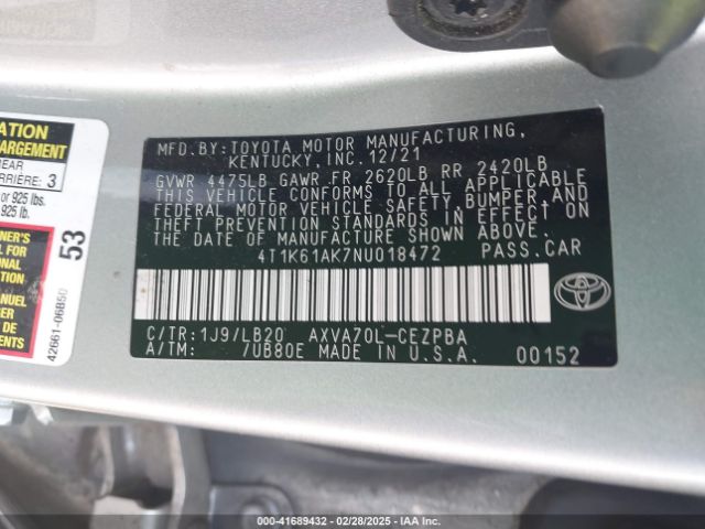 4T1K61AK7NU018472 Toyota CAMRY XSE