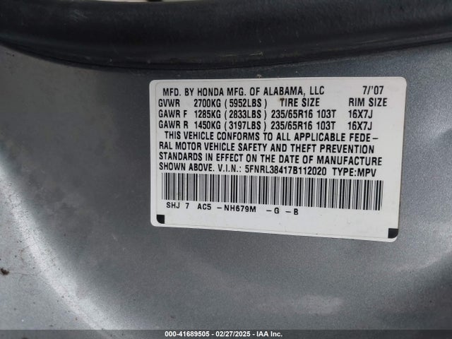 Продажа на аукционе авто 2007 Honda Odyssey Ex, vin: 5FNRL38417B112020, номер лота: 41689505