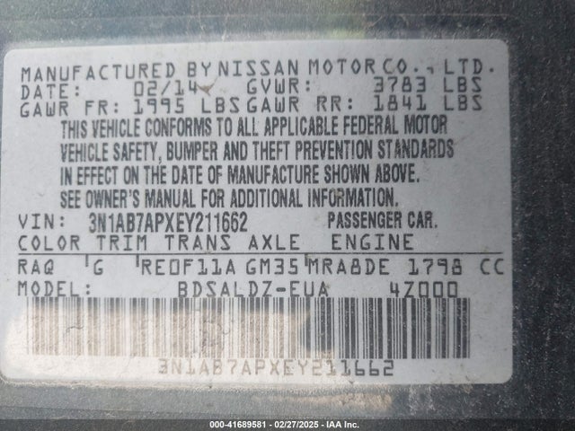 3N1AB7APXEY211662 Nissan SENTRA SV