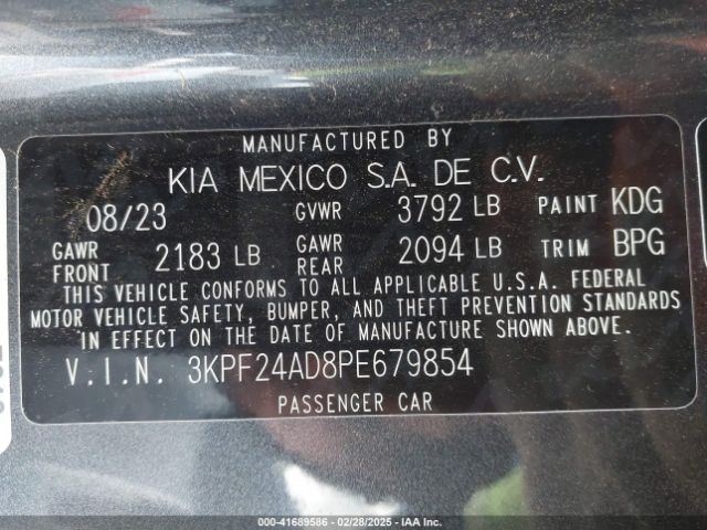 3KPF24AD8PE679854 KIA Forte Lxs