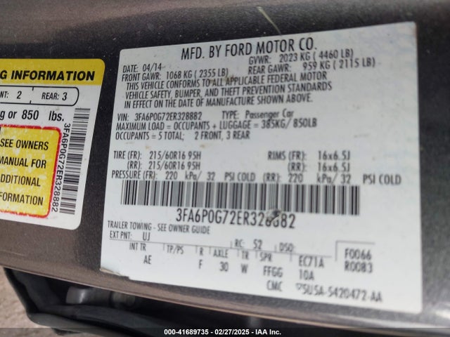 Ford FUSION S 2014 3FA6P0G72ER328882 Image 9