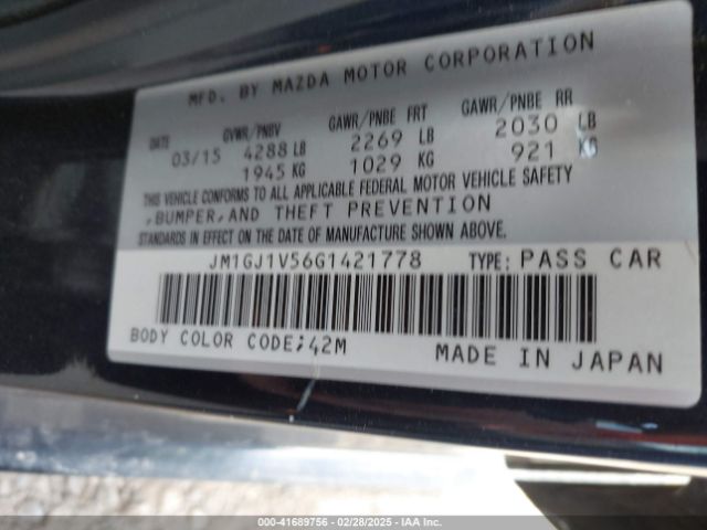 JM1GJ1V56G1421778 Mazda Mazda6 I Touring