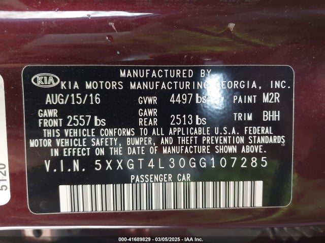 5XXGT4L30GG107285 KIA Optima Lx
