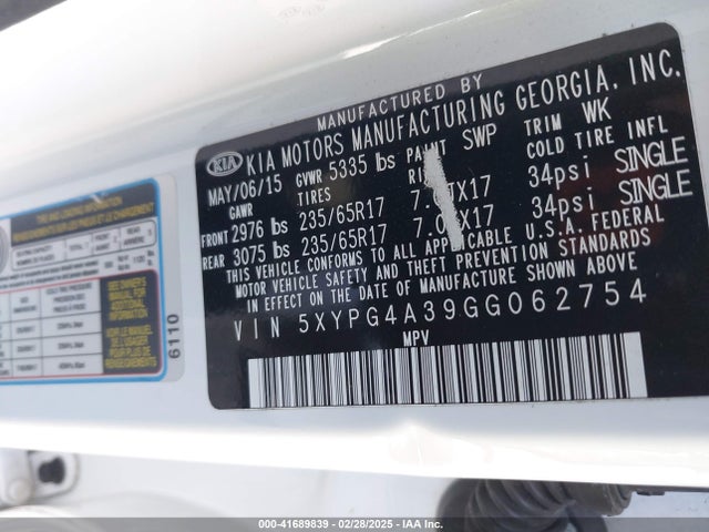 5XYPG4A39GG062754 KIA Sorento 2.4l Lx