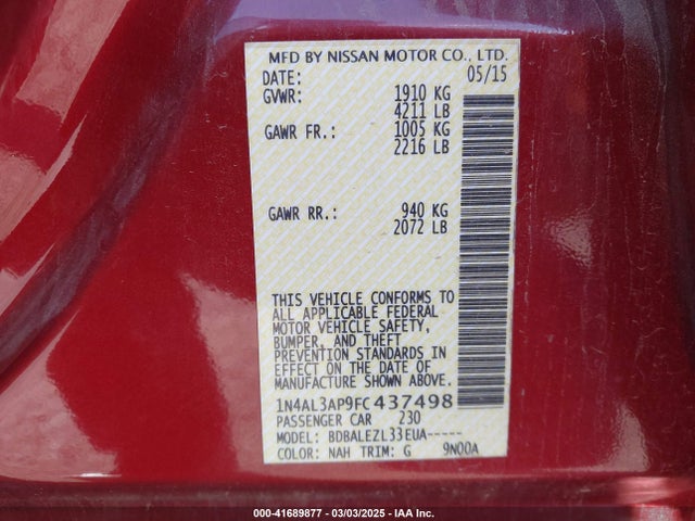 Nissan Altima 2.5/2.5 S/2.5 Sl/2.5 Sv 2015 1N4AL3AP9FC437498 Image 9
