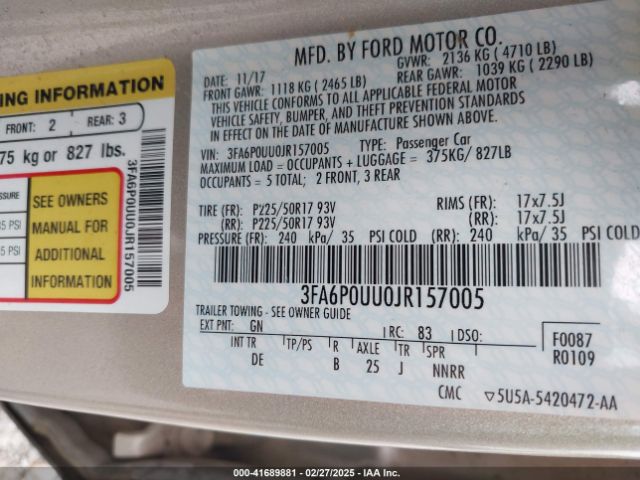 3FA6P0UU0JR157005 Ford Fusion Hybrid S