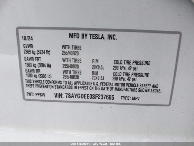 7SAYGDEE0SF237606 Tesla Model Y Long Range Dual Motor All-wheel Drive