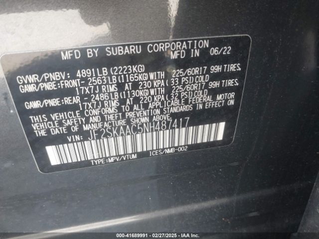 JF2SKAAC5NH487417 Subaru Forester