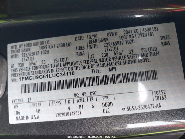 1FMCU9G61LUC34110 Ford ESCAPE SE