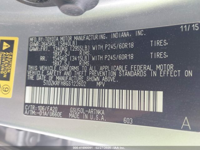 5TDZKRFH8GS122602 Toyota Highlander Le Plus V6
