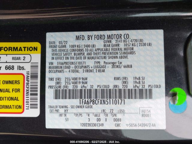 1FA6P8CFXN5110171 Ford Mustang Gt Premium Fastback