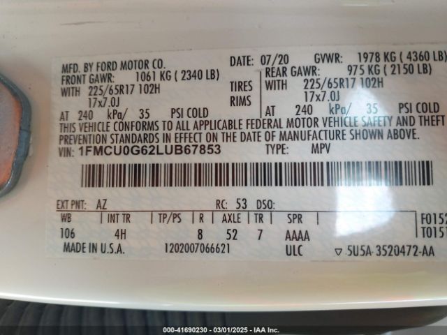 2020 FORD ESCAPE 1FMCU0G62LUB67853 Photo 8