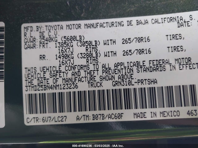 3TMDZ5BN4NM123236 Toyota 2gr-fks