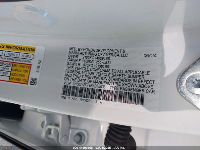 1HGCY2F79RA075536 Honda Accord Hybrid Sport-l