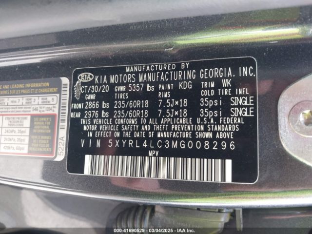 5XYRL4LC3MG008296 KIA SORENTO S