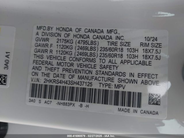 2HKRS4H43SH437125 Honda Cr-v Ex Awd