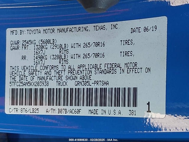 5TFCZ5AN5KX203938 Toyota 2gr-fks