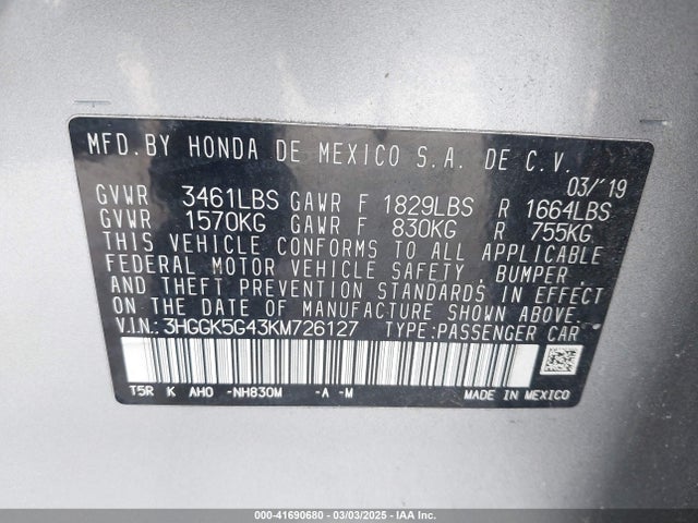 3HGGK5G43KM726127 Honda FIT LX