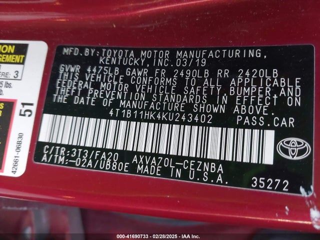 Toyota CAMRY LE 2019 4T1B11HK4KU243402 Image 9