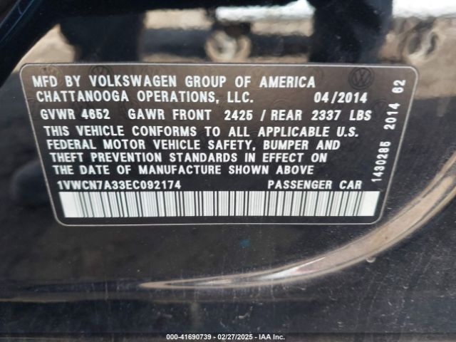 1VWCN7A33EC092174 Volkswagen Passat 2.0l Tdi Sel Premium